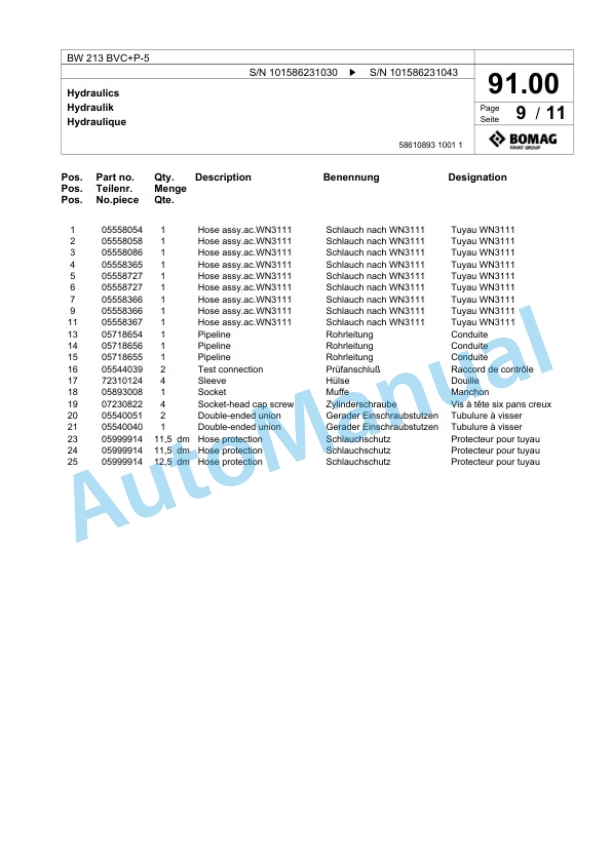 Bomag BW 213 BVC Plus P-5 Single Drum Wheel Drive Vibratory Roller Spare Parts Catalogue 00824577 3 Bomag BW 213 BVC Plus P-5 Single Drum Wheel Drive Vibratory Roller Spare Parts Catalogue 00824577-3
