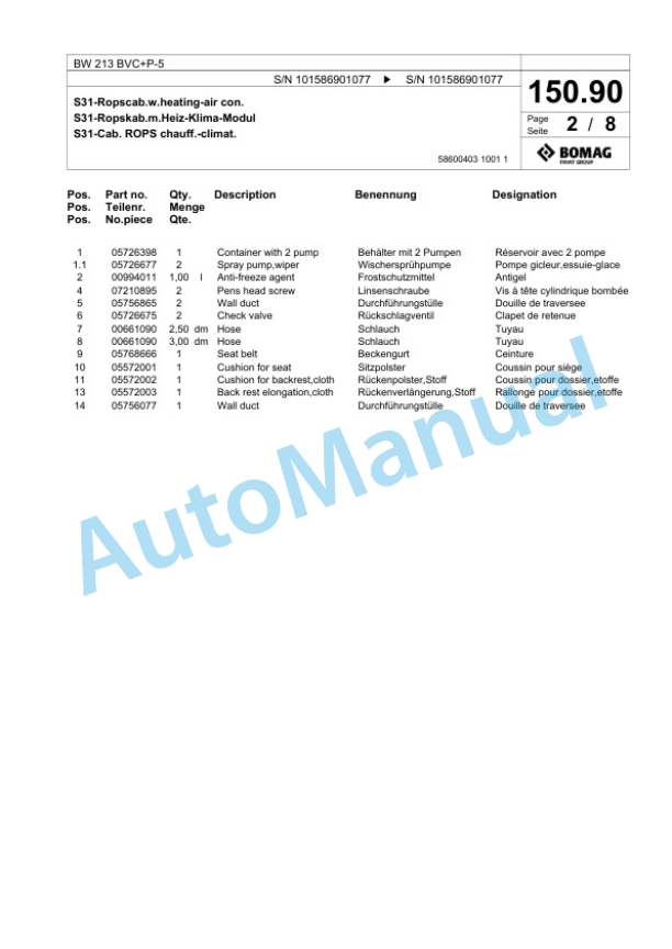 Bomag BW 213 BVC Plus P-5 Single Drum Wheel Drive Vibratory Roller Spare Parts Catalogue 00825991 4 Bomag BW 213 BVC Plus P-5 Single Drum Wheel Drive Vibratory Roller Spare Parts Catalogue 00825991-4