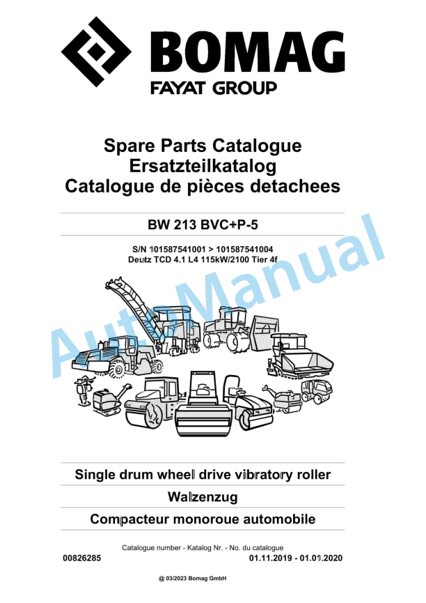 Bomag BW 213 BVC Plus P-5 Single Drum Wheel Drive Vibratory Roller Spare Parts Catalogue 00826285 1 Bomag BW 213 BVC Plus P-5 Single Drum Wheel Drive Vibratory Roller Spare Parts Catalogue 00826285