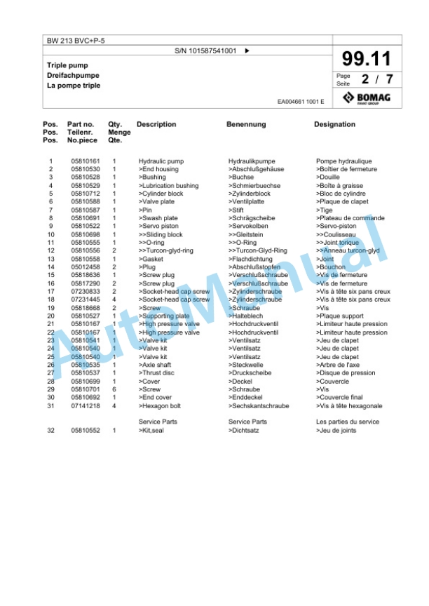 Bomag BW 213 BVC Plus P-5 Single Drum Wheel Drive Vibratory Roller Spare Parts Catalogue 00826285 3 Bomag BW 213 BVC Plus P-5 Single Drum Wheel Drive Vibratory Roller Spare Parts Catalogue 00826285-3