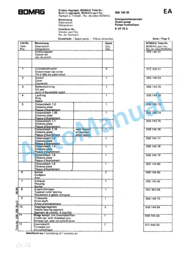Bomag BW 213, BW 213 A Spare Parts Catalogue 00814290 4 Bomag BW 213, BW 213 A Spare Parts Catalogue 00814290-4