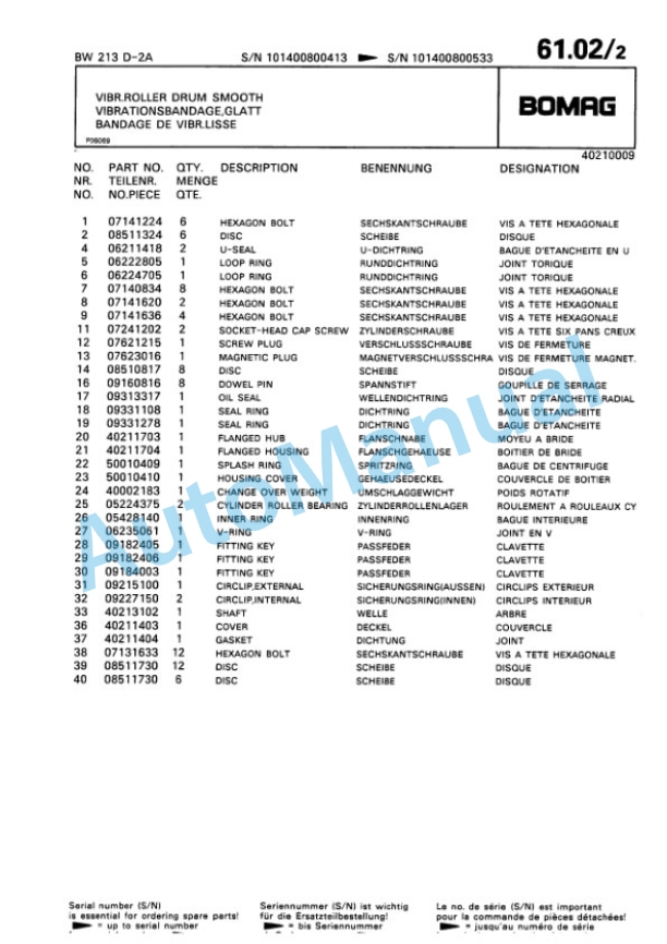 Bomag BW 213 D 2 Ampl Single Drum Wheel Drive Vibratory Roller Spare Parts Catalogue 00814209 3 Bomag BW 213 D 2 Ampl Single Drum Wheel Drive Vibratory Roller Spare Parts Catalogue 00814209-3