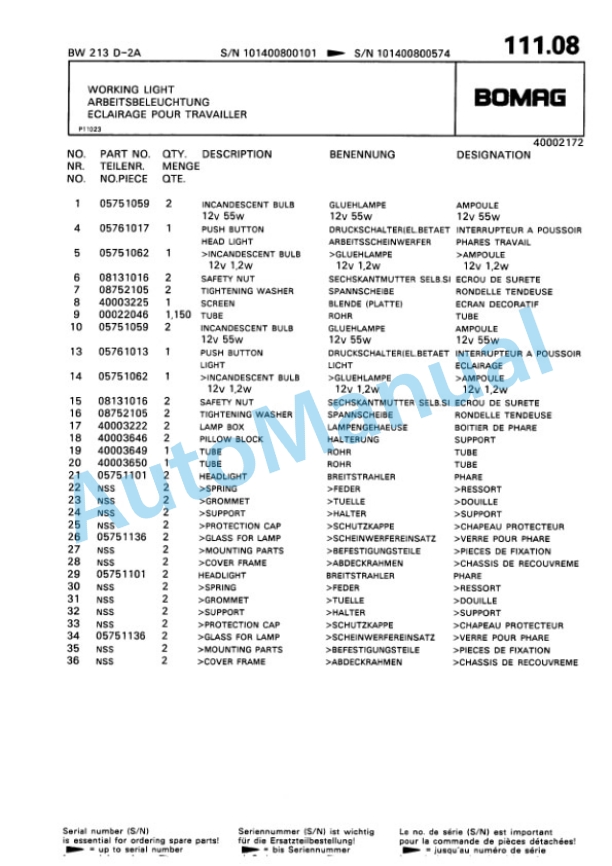 Bomag BW 213 D 2 Ampl Single Drum Wheel Drive Vibratory Roller Spare Parts Catalogue 00814209 4 Bomag BW 213 D 2 Ampl Single Drum Wheel Drive Vibratory Roller Spare Parts Catalogue 00814209-4