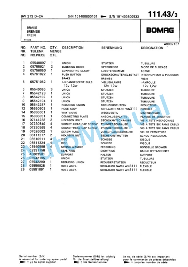 Bomag BW 213 D 2 Ampl Single Drum Wheel Drive Vibratory Roller Spare Parts Catalogue 00814209 5 Bomag BW 213 D 2 Ampl Single Drum Wheel Drive Vibratory Roller Spare Parts Catalogue 00814209-5