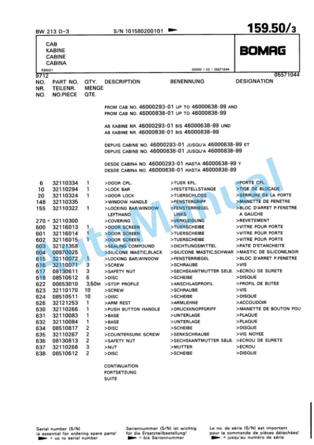 Bomag BW 213 D-3 Single Drum Wheel Drive Vibratory Roller Spare Parts Catalogue 00815320 5 Bomag BW 213 D-3 Single Drum Wheel Drive Vibratory Roller Spare Parts Catalogue 00815320-5