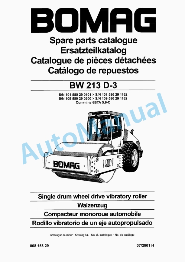 Bomag BW 213 D-3 Single Drum Wheel Drive Vibratory Roller Spare Parts Catalogue 00815329 1 Bomag BW 213 D-3 Single Drum Wheel Drive Vibratory Roller Spare Parts Catalogue 00815329