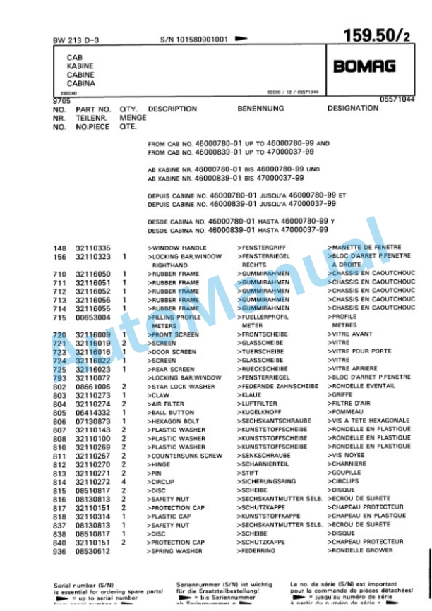 Bomag BW 213 D-3 Single Drum Wheel Drive Vibratory Roller Spare Parts Catalogue 00815390 4 Bomag BW 213 D-3 Single Drum Wheel Drive Vibratory Roller Spare Parts Catalogue 00815390-4