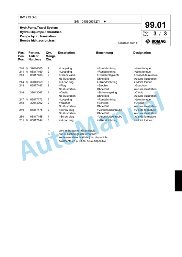 Bomag BW 213 D-3 Single Drum Wheel Drive Vibratory Roller Spare Parts Catalogue 00817523 2 Bomag BW 213 D-3 Single Drum Wheel Drive Vibratory Roller Spare Parts Catalogue 00817523-2