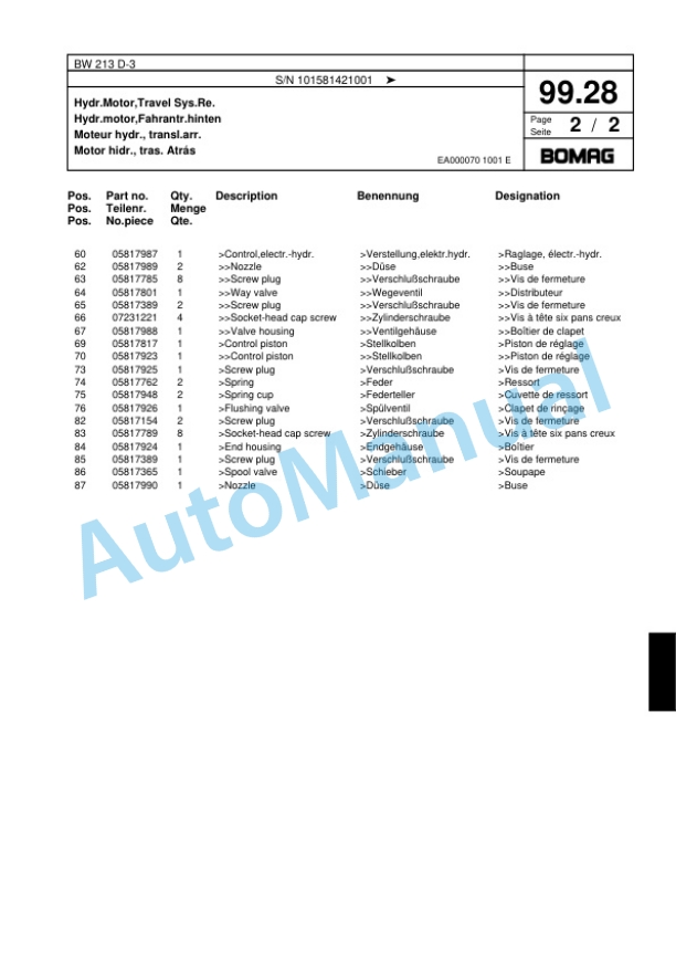 Bomag BW 213 D-3 Single Drum Wheel Drive Vibratory Roller Spare Parts Catalogue 00817588 3 Bomag BW 213 D-3 Single Drum Wheel Drive Vibratory Roller Spare Parts Catalogue 00817588-3