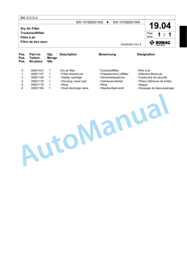 Bomag BW 213 D-4 Single Drum Wheel Drive Vibratory Roller Spare Parts Catalogue 00817773 3 Bomag BW 213 D-4 Single Drum Wheel Drive Vibratory Roller Spare Parts Catalogue 00817773-3