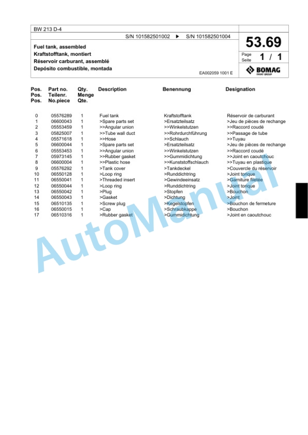 Bomag BW 213 D-4 Single Drum Wheel Drive Vibratory Roller Spare Parts Catalogue 00817773 4 Bomag BW 213 D-4 Single Drum Wheel Drive Vibratory Roller Spare Parts Catalogue 00817773-4