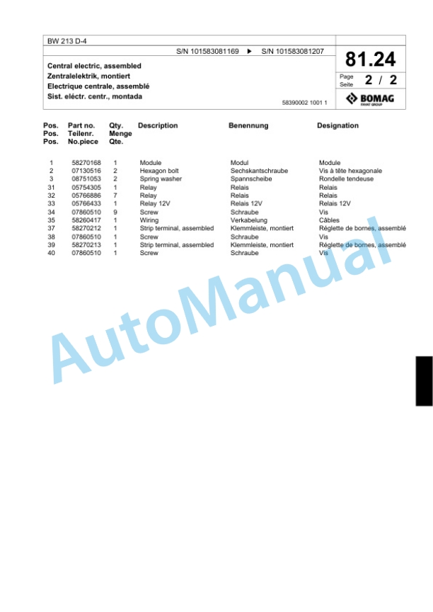 Bomag BW 213 D-4 Single Drum Wheel Drive Vibratory Roller Spare Parts Catalogue 00818293 2 Bomag BW 213 D-4 Single Drum Wheel Drive Vibratory Roller Spare Parts Catalogue 00818293-2