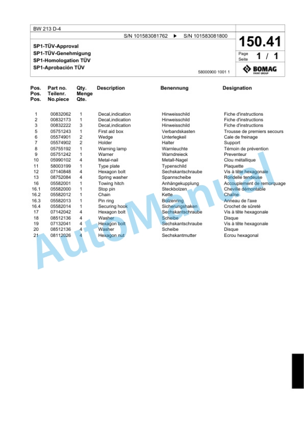 Bomag BW 213 D-4 Single Drum Wheel Drive Vibratory Roller Spare Parts Catalogue 00818293 3 Bomag BW 213 D-4 Single Drum Wheel Drive Vibratory Roller Spare Parts Catalogue 00818293-3