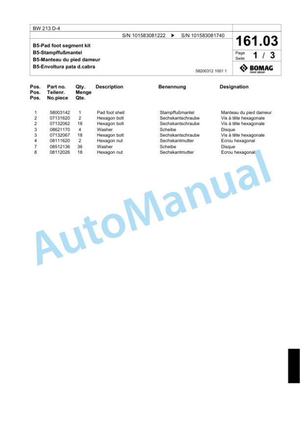 Bomag BW 213 D-4 Single Drum Wheel Drive Vibratory Roller Spare Parts Catalogue 00818293 5 Bomag BW 213 D-4 Single Drum Wheel Drive Vibratory Roller Spare Parts Catalogue 00818293-5