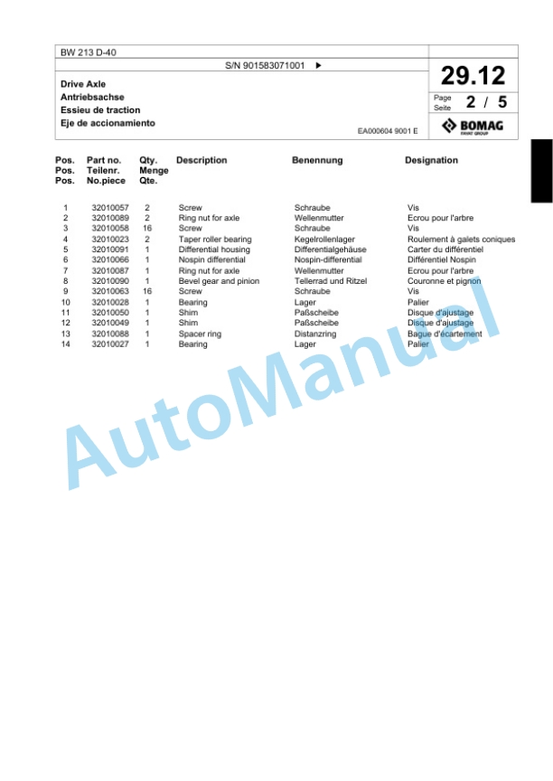 Bomag BW 213 D-40 Single Drum Wheel Drive Vibratory Roller Spare Parts Catalogue 00818291 2 Bomag BW 213 D-40 Single Drum Wheel Drive Vibratory Roller Spare Parts Catalogue 00818291-2