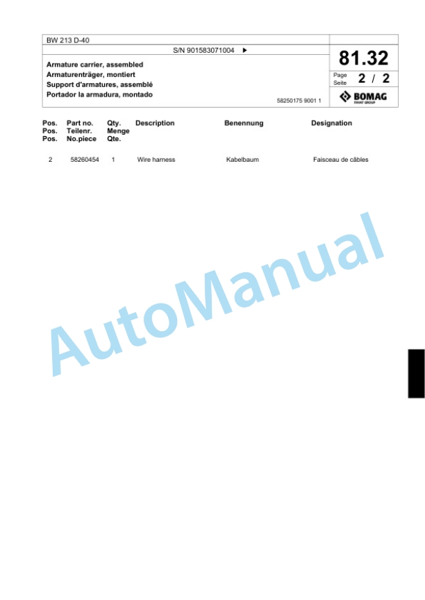 Bomag BW 213 D-40 Single Drum Wheel Drive Vibratory Roller Spare Parts Catalogue 00818291 3 Bomag BW 213 D-40 Single Drum Wheel Drive Vibratory Roller Spare Parts Catalogue 00818291-3
