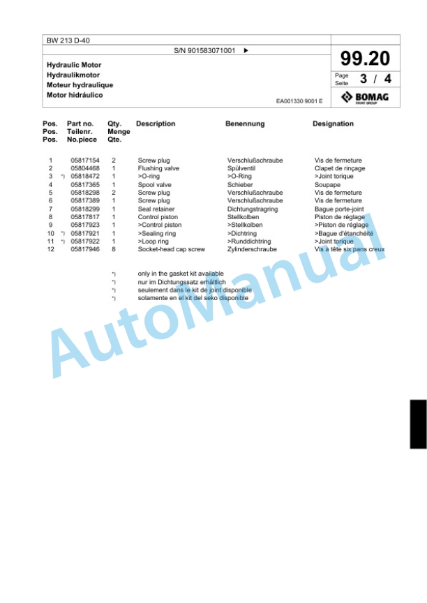 Bomag BW 213 D-40 Single Drum Wheel Drive Vibratory Roller Spare Parts Catalogue 00818291 4 Bomag BW 213 D-40 Single Drum Wheel Drive Vibratory Roller Spare Parts Catalogue 00818291-4