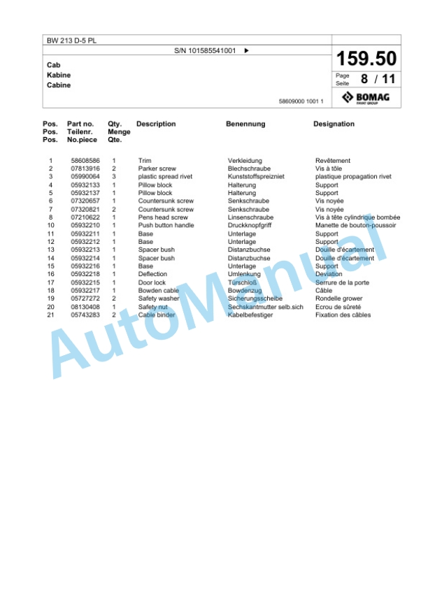 Bomag BW 213 D-5 PL Single Drum Wheel Drive Vibratory Roller Spare Parts Catalogue 00827113 5 Bomag BW 213 D-5 PL Single Drum Wheel Drive Vibratory Roller Spare Parts Catalogue 00827113-5