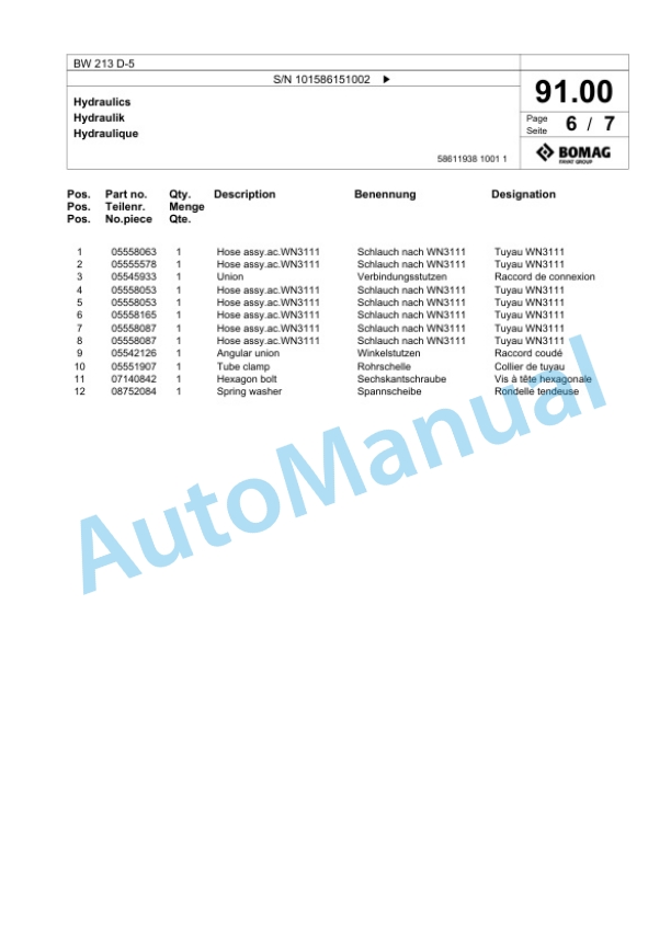 Bomag BW 213 D-5 Single Drum Wheel Drive Vibratory Roller Spare Parts Catalogue 00824761 3 Bomag BW 213 D-5 Single Drum Wheel Drive Vibratory Roller Spare Parts Catalogue 00824761-3