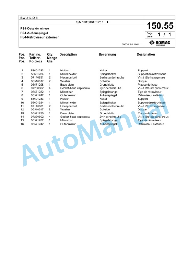 Bomag BW 213 D-5 Single Drum Wheel Drive Vibratory Roller Spare Parts Catalogue 00824761 5 Bomag BW 213 D-5 Single Drum Wheel Drive Vibratory Roller Spare Parts Catalogue 00824761-5