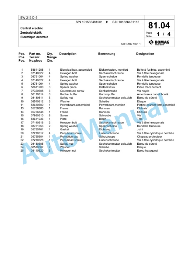 Bomag BW 213 D-5 Single Drum Wheel Drive Vibratory Roller Spare Parts Catalogue 00824861 2 Bomag BW 213 D-5 Single Drum Wheel Drive Vibratory Roller Spare Parts Catalogue 00824861-2
