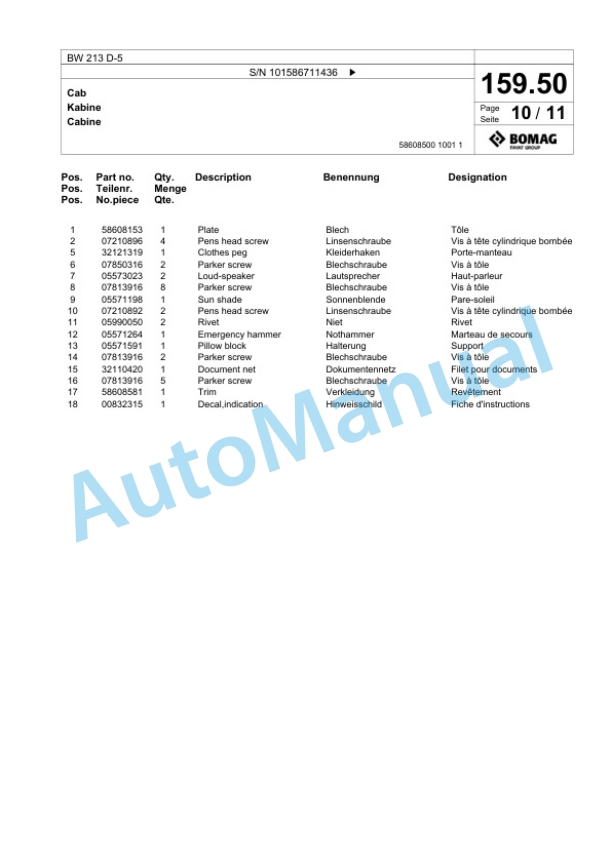 Bomag BW 213 D-5 Single Drum Wheel Drive Vibratory Roller Spare Parts Catalogue 00825271 5 Bomag BW 213 D-5 Single Drum Wheel Drive Vibratory Roller Spare Parts Catalogue 00825271-5