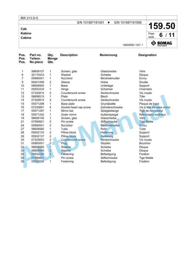 Bomag BW 213 D-5 Single Drum Wheel Drive Vibratory Roller Spare Parts Catalogue 00826071 5 Bomag BW 213 D-5 Single Drum Wheel Drive Vibratory Roller Spare Parts Catalogue 00826071-5