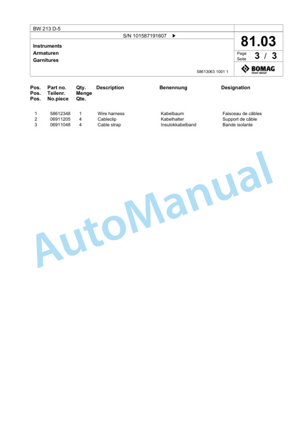 Bomag BW 213 D-5 Single Drum Wheel Drive Vibratory Roller Spare Parts Catalogue 00826917 2 Bomag BW 213 D-5 Single Drum Wheel Drive Vibratory Roller Spare Parts Catalogue 00826917-2