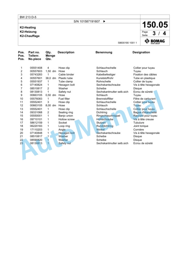 Bomag BW 213 D-5 Single Drum Wheel Drive Vibratory Roller Spare Parts Catalogue 00826917 3 Bomag BW 213 D-5 Single Drum Wheel Drive Vibratory Roller Spare Parts Catalogue 00826917-3