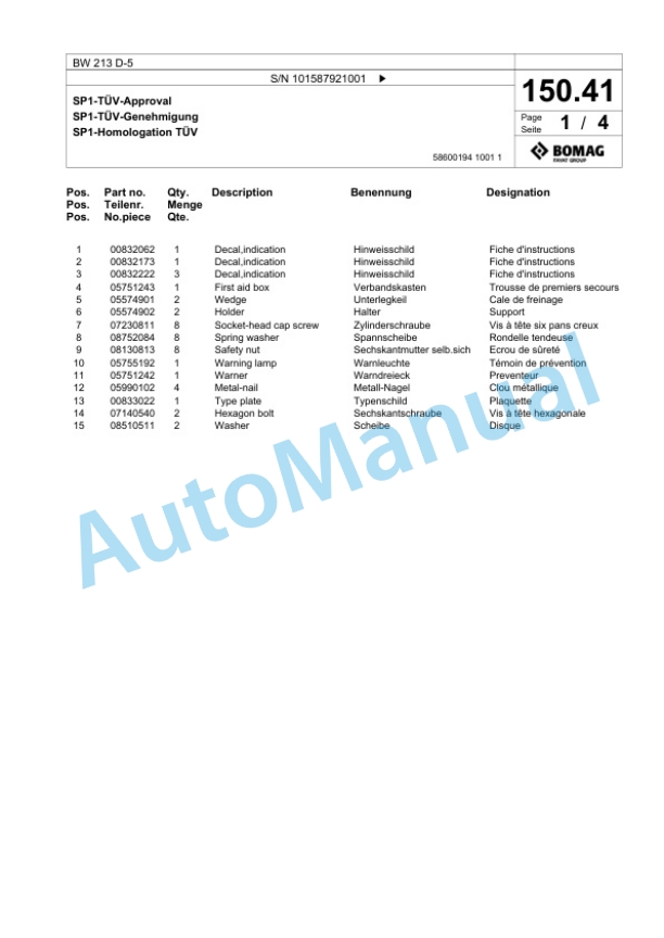Bomag BW 213 D-5 Single Drum Wheel Drive Vibratory Roller Spare Parts Catalogue 00826947 3 Bomag BW 213 D-5 Single Drum Wheel Drive Vibratory Roller Spare Parts Catalogue 00826947-3