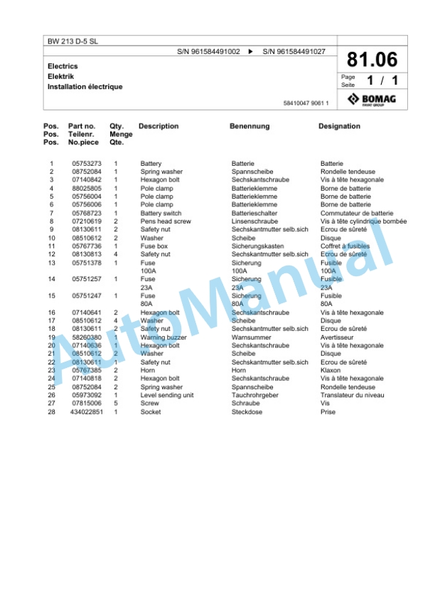 Bomag BW 213 D-5 SL Single Drum Wheel Drive Vibratory Roller Spare Parts Catalogue 00826717 2 Bomag BW 213 D-5 SL Single Drum Wheel Drive Vibratory Roller Spare Parts Catalogue 00826717-2