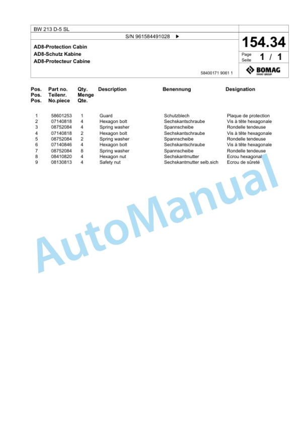 Bomag BW 213 D-5 SL Single Drum Wheel Drive Vibratory Roller Spare Parts Catalogue 00826717 5 Bomag BW 213 D-5 SL Single Drum Wheel Drive Vibratory Roller Spare Parts Catalogue 00826717-5
