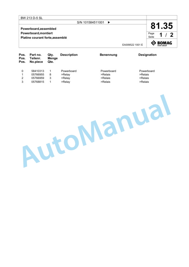 Bomag BW 213 D-5 SL Single Drum Wheel Drive Vibratory Roller Spare Parts Catalogue 00826827 2 Bomag BW 213 D-5 SL Single Drum Wheel Drive Vibratory Roller Spare Parts Catalogue 00826827-2