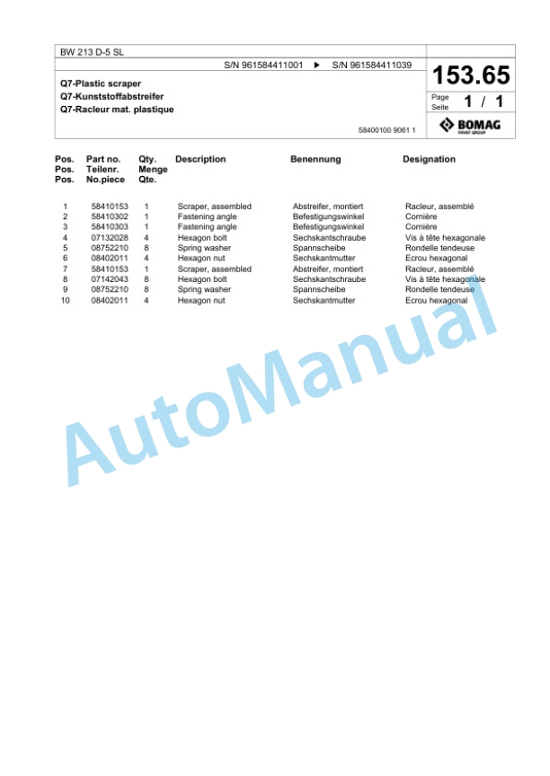 Bomag BW 213 D-5 SL Single Drum Wheel Drive Vibratory Roller Spare Parts Catalogue 00827001 5 Bomag BW 213 D-5 SL Single Drum Wheel Drive Vibratory Roller Spare Parts Catalogue 00827001-5