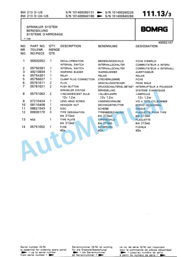 Bomag BW 213 D, BW 213 D2 Ampl Single Drum Wheel Drive Vibratory Roller Spare Parts Catalogue 00810037 5 Bomag BW 213 D, BW 213 D2 Ampl Single Drum Wheel Drive Vibratory Roller Spare Parts Catalogue 00810037-5