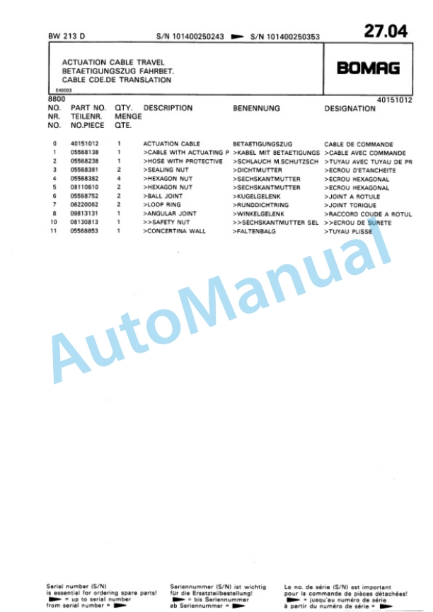 Bomag BW 213 D Single Drum Wheel Drive Vibratory Roller Spare Parts Catalogue 00810043 2 Bomag BW 213 D Single Drum Wheel Drive Vibratory Roller Spare Parts Catalogue 00810043-2