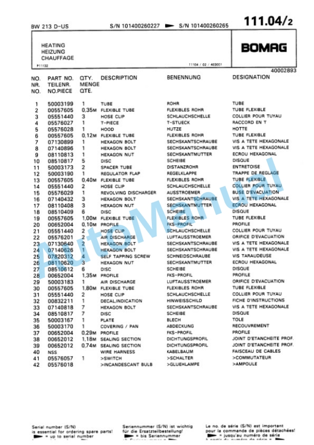 Bomag BW 213 D Single Drum Wheel Drive Vibratory Roller Spare Parts Catalogue 00810137 5 Bomag BW 213 D Single Drum Wheel Drive Vibratory Roller Spare Parts Catalogue 00810137-5