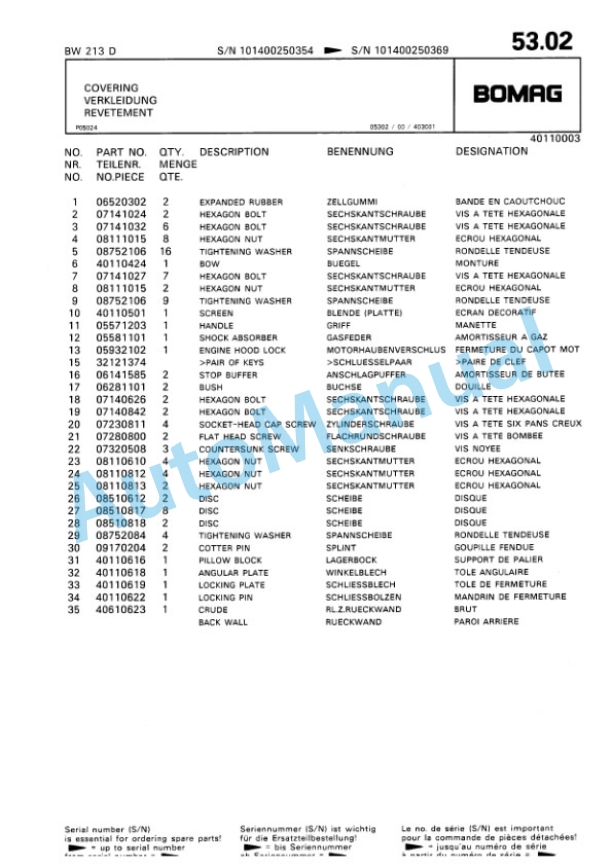 Bomag BW 213 D Single Drum Wheel Drive Vibratory Roller Spare Parts Catalogue 00810143 3 Bomag BW 213 D Single Drum Wheel Drive Vibratory Roller Spare Parts Catalogue 00810143-3