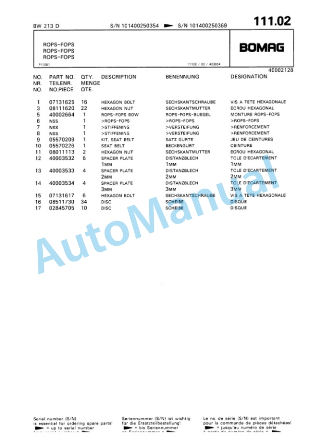 Bomag BW 213 D Single Drum Wheel Drive Vibratory Roller Spare Parts Catalogue 00810143 4 Bomag BW 213 D Single Drum Wheel Drive Vibratory Roller Spare Parts Catalogue 00810143-4