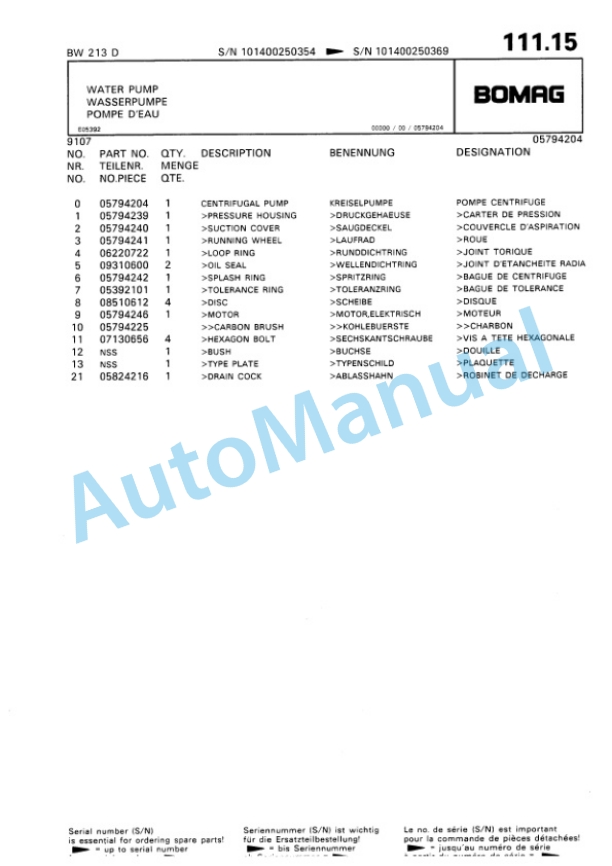 Bomag BW 213 D Single Drum Wheel Drive Vibratory Roller Spare Parts Catalogue 00810143 5 Bomag BW 213 D Single Drum Wheel Drive Vibratory Roller Spare Parts Catalogue 00810143-5