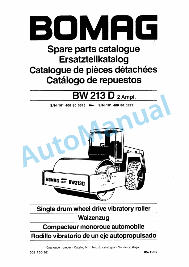 Bomag BW 213 D2 Ampl Single Drum Wheel Drive Vibratory Roller Spare Parts Catalogue 00810062 1 Bomag BW 213 D2 Ampl Single Drum Wheel Drive Vibratory Roller Spare Parts Catalogue 00810062