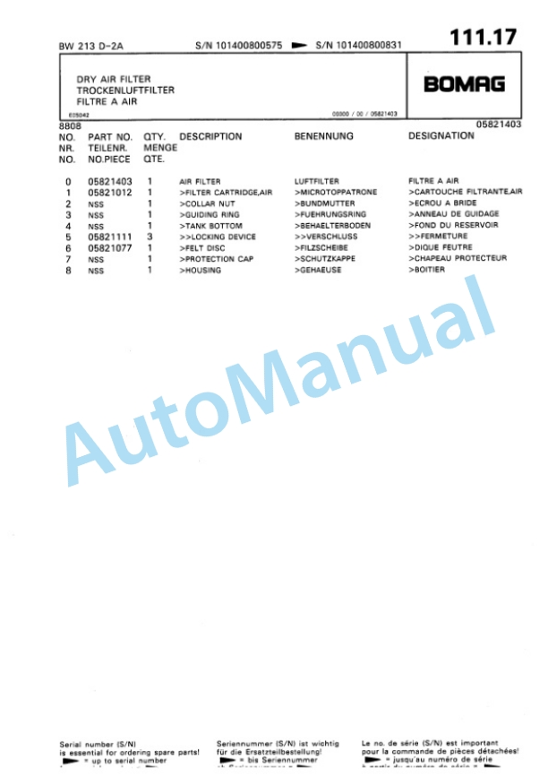Bomag BW 213 D2 Ampl Single Drum Wheel Drive Vibratory Roller Spare Parts Catalogue 00810062 5 Bomag BW 213 D2 Ampl Single Drum Wheel Drive Vibratory Roller Spare Parts Catalogue 00810062-5