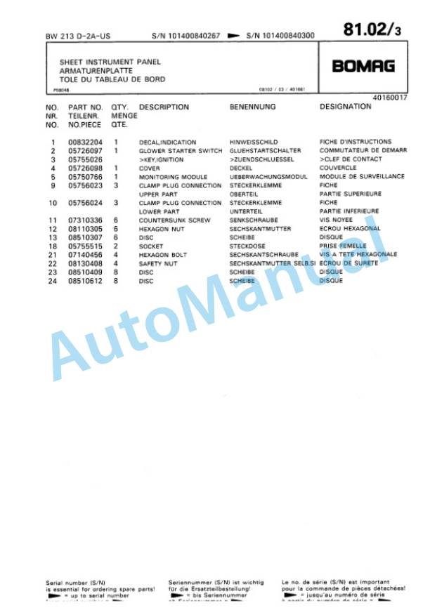 Bomag BW 213 D2 Ampl Single Drum Wheel Drive Vibratory Roller Spare Parts Catalogue 00810063 4 Bomag BW 213 D2 Ampl Single Drum Wheel Drive Vibratory Roller Spare Parts Catalogue 00810063-4