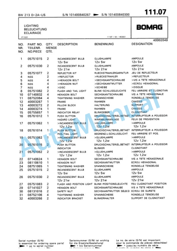 Bomag BW 213 D2 Ampl Single Drum Wheel Drive Vibratory Roller Spare Parts Catalogue 00810063 5 Bomag BW 213 D2 Ampl Single Drum Wheel Drive Vibratory Roller Spare Parts Catalogue 00810063-5