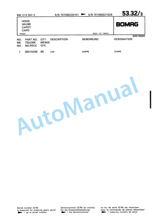 Bomag BW 213 DH-3 Single Drum Wheel Drive Vibratory Roller Spare Parts Catalogue 00815322 2 Bomag BW 213 DH-3 Single Drum Wheel Drive Vibratory Roller Spare Parts Catalogue 00815322-2