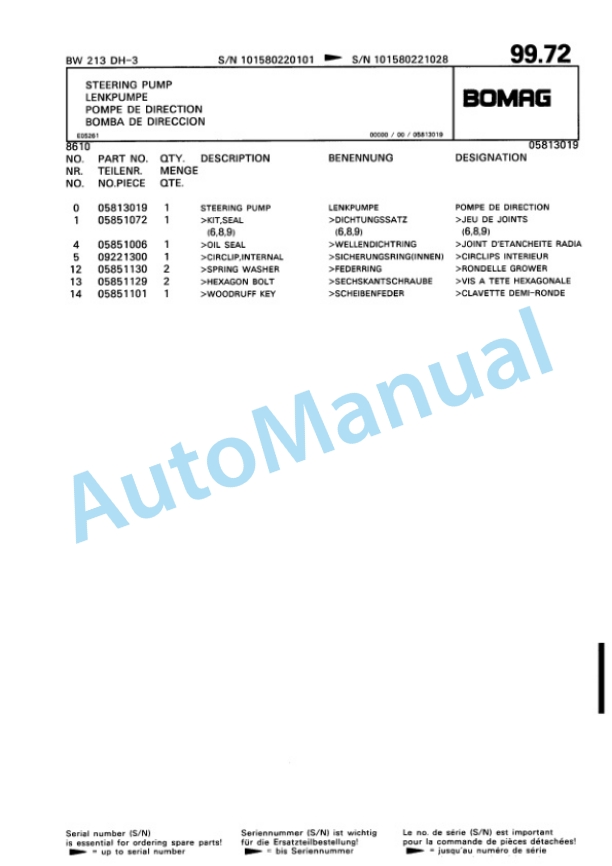 Bomag BW 213 DH-3 Single Drum Wheel Drive Vibratory Roller Spare Parts Catalogue 00815322 3 Bomag BW 213 DH-3 Single Drum Wheel Drive Vibratory Roller Spare Parts Catalogue 00815322-3