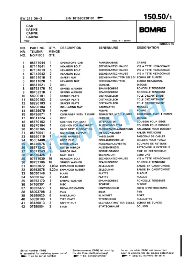 Bomag BW 213 DH-3 Single Drum Wheel Drive Vibratory Roller Spare Parts Catalogue 00815322 4 Bomag BW 213 DH-3 Single Drum Wheel Drive Vibratory Roller Spare Parts Catalogue 00815322-4