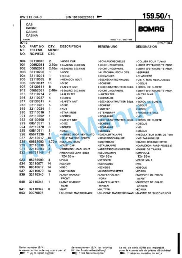Bomag BW 213 DH-3 Single Drum Wheel Drive Vibratory Roller Spare Parts Catalogue 00815322 5 Bomag BW 213 DH-3 Single Drum Wheel Drive Vibratory Roller Spare Parts Catalogue 00815322-5