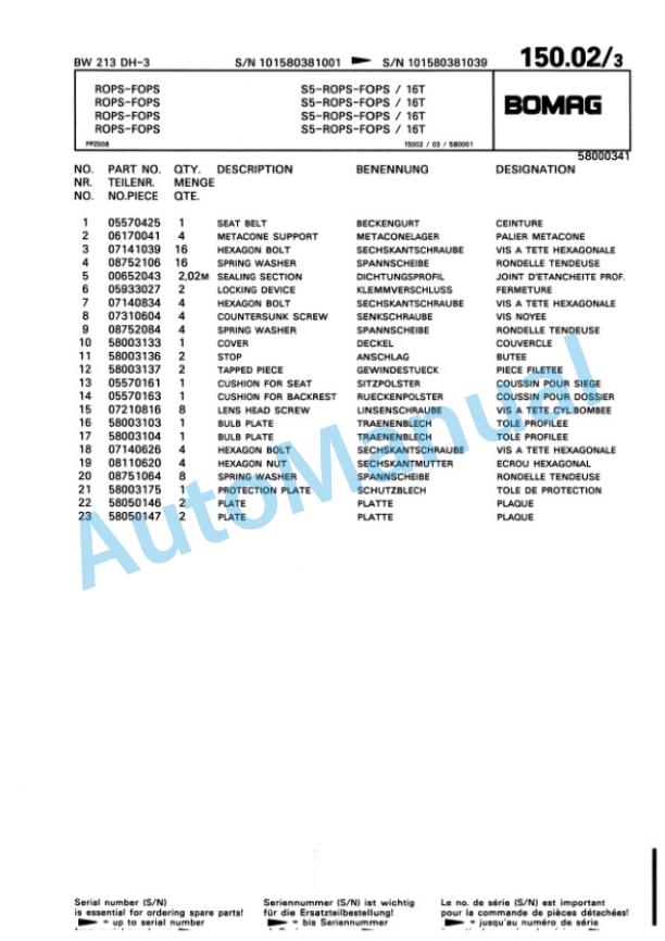 Bomag BW 213 DH-3 Single Drum Wheel Drive Vibratory Roller Spare Parts Catalogue 00815338 3 Bomag BW 213 DH-3 Single Drum Wheel Drive Vibratory Roller Spare Parts Catalogue 00815338-3