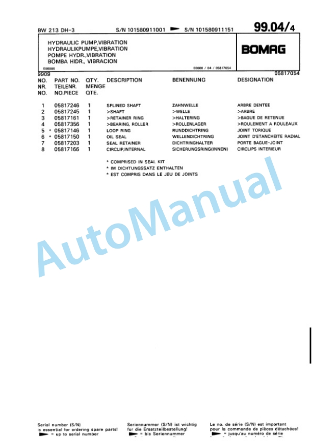 Bomag BW 213 DH-3 Single Drum Wheel Drive Vibratory Roller Spare Parts Catalogue 00815391 2 Bomag BW 213 DH-3 Single Drum Wheel Drive Vibratory Roller Spare Parts Catalogue 00815391-2
